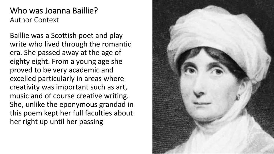 Author context slide introducing Joanna Baillie as a Scottish poet and playwright from the Romantic era