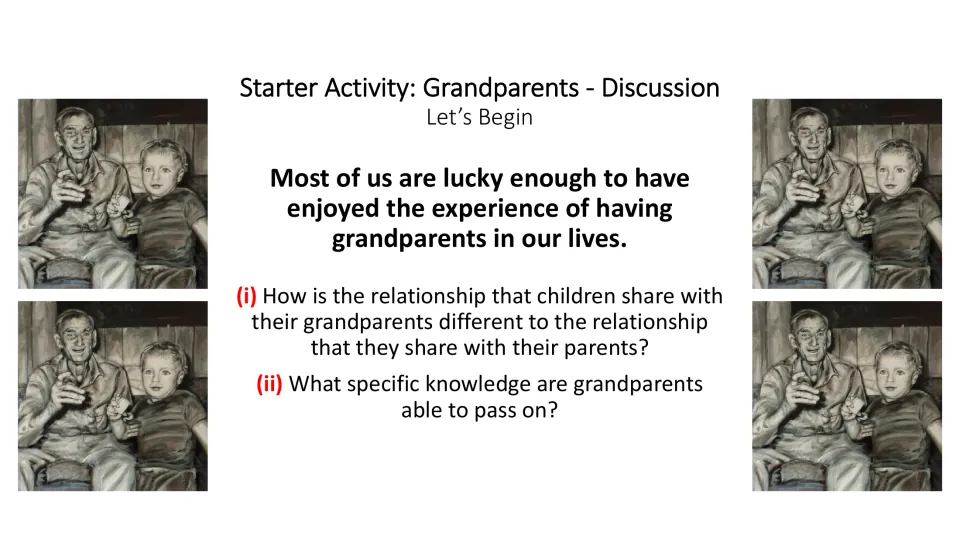 Starter discussion slide asking how grandparents differ from parents and what knowledge they pass on