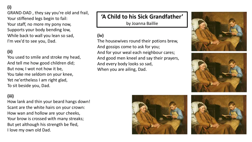 Poem reading slide with stanzas 1–4 describing the grandfather’s frailty, the child’s love, and visitors