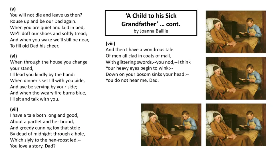 Poem reading slide with stanzas 5–8: the child fears loss, offers care, and tells the grandfather stories