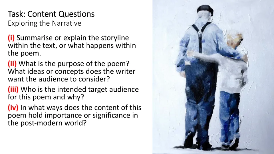 Content questions slide asking about the poem’s storyline, purpose, intended audience, and relevance