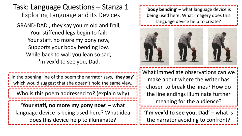 Stanza 1 analysis slide examining ‘they say,’ the staff as a pony, ‘body bending,’ and line endings