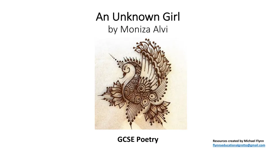 Poetry lesson cover introducing 'An Unknown Girl' by Moniza Alvi, identified as a GCSE poetry resource