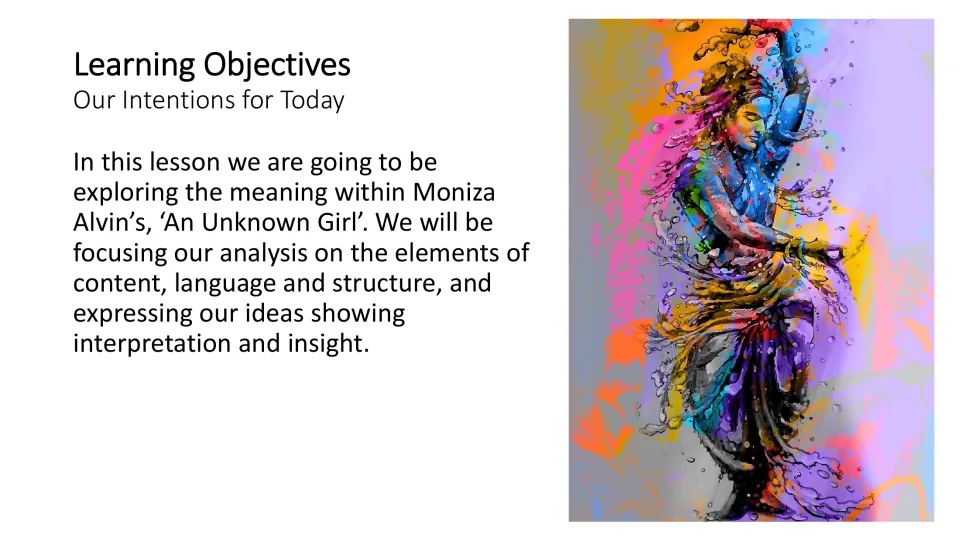 Lesson objectives introduce analysis of the poem's content, language, and structure through interpretation