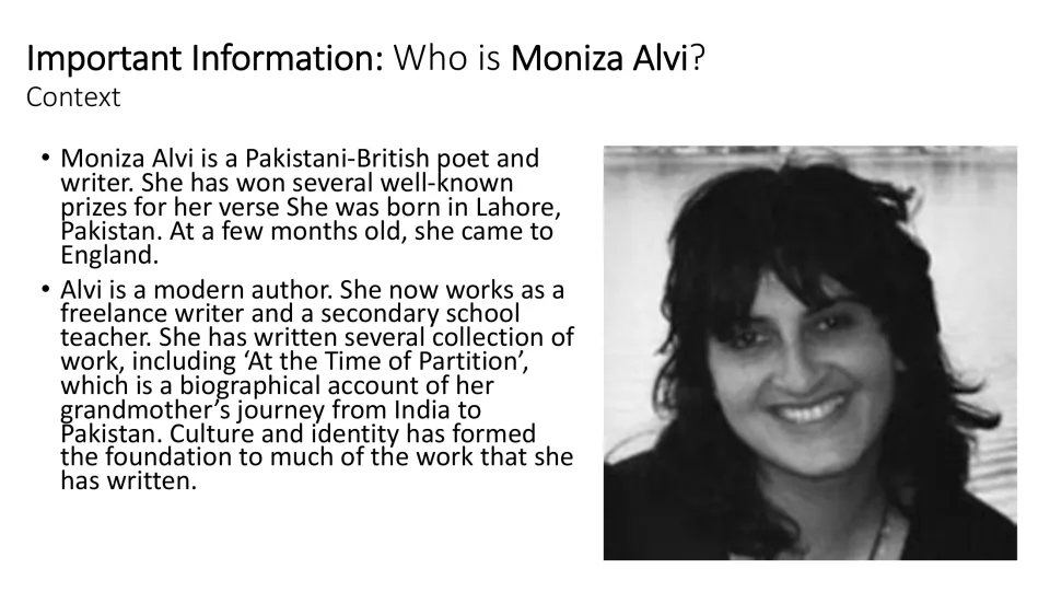 Poet context slide introduces Moniza Alvi's Pakistani-British background and her writing on culture and identity