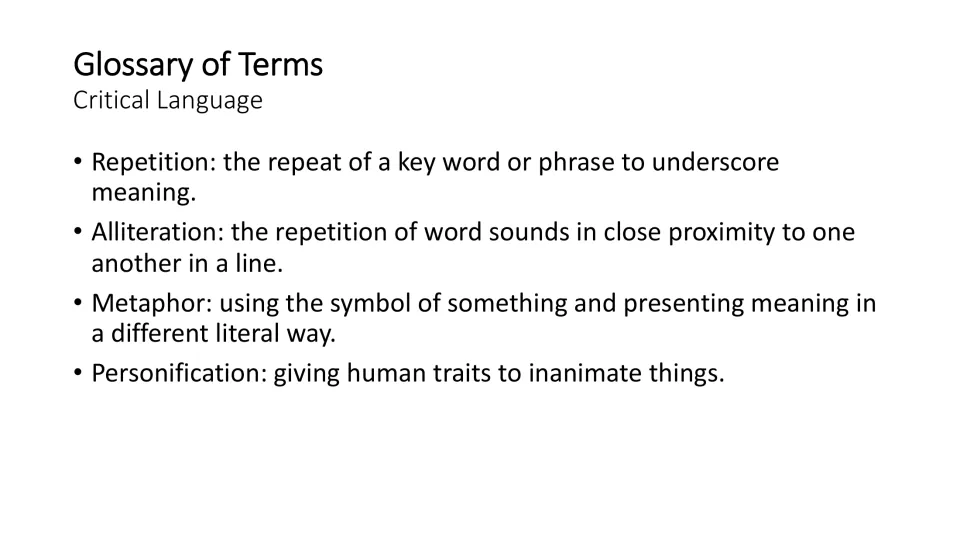 Literary glossary slide defines repetition, alliteration, metaphor, and personification for poetry analysis