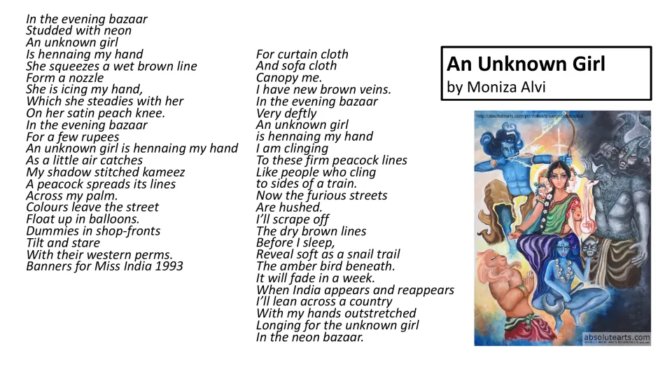 Poem text for the lesson follows a henna painting in an evening bazaar and the speaker's longing for India