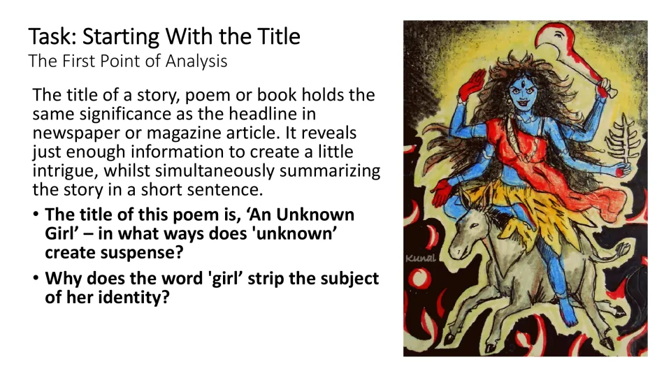 Title analysis slide asks how 'unknown' creates suspense and how the word 'girl' removes the subject's identity