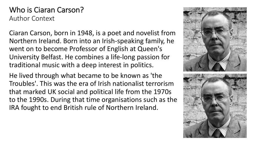 Author context slide introduces Carson’s Northern Irish background, music, politics, and the Troubles