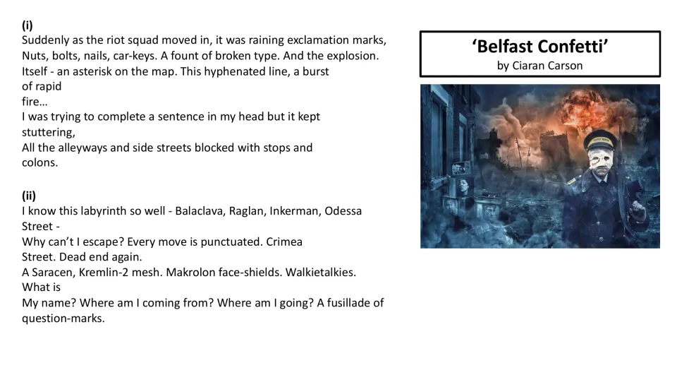 Poem text for reading and annotation follows a speaker through an explosion, blocked streets, and questions