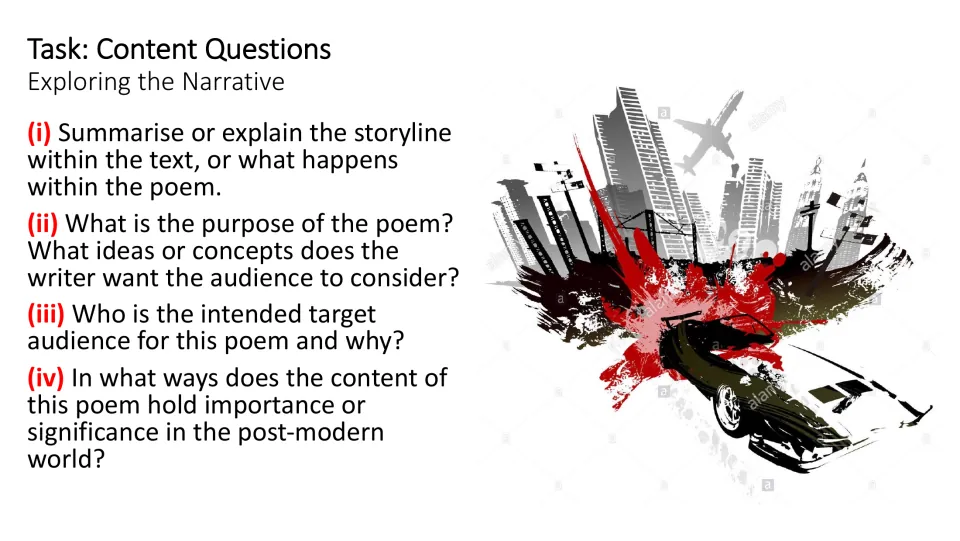 Content questions ask about the poem’s storyline, purpose, intended audience, and significance today