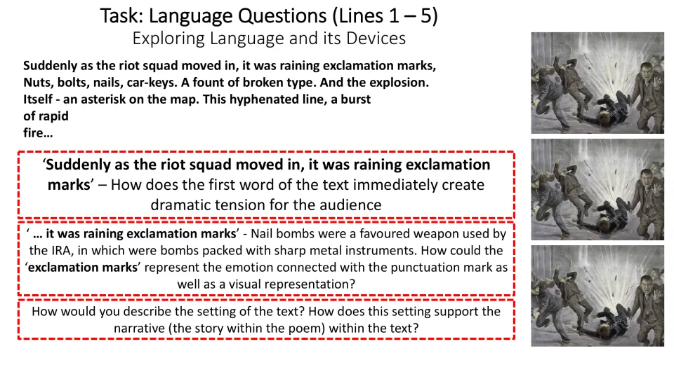 Language questions on lines 1–5 explore the opening word, exclamation mark imagery, and the poem’s setting