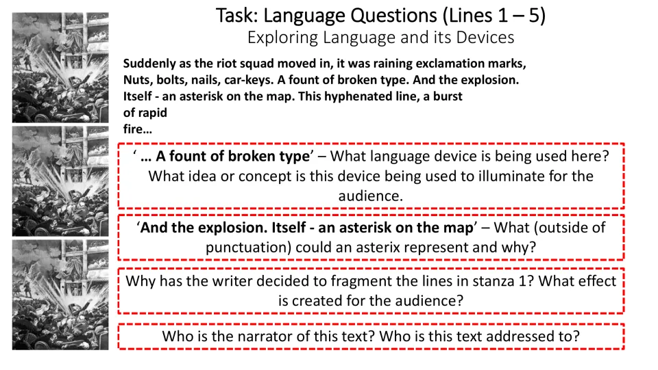Further questions on lines 1–5 examine broken type, the asterisk, fragmented lines, narrator, and addressee