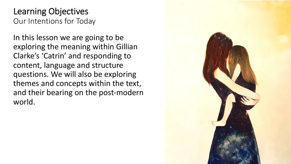 Learning objectives slide outlining exploration of the poem’s meaning, language, structure, and themes
