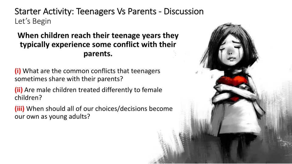 Starter discussion slide asking about teen-parent conflicts, treatment of boys and girls, and independence
