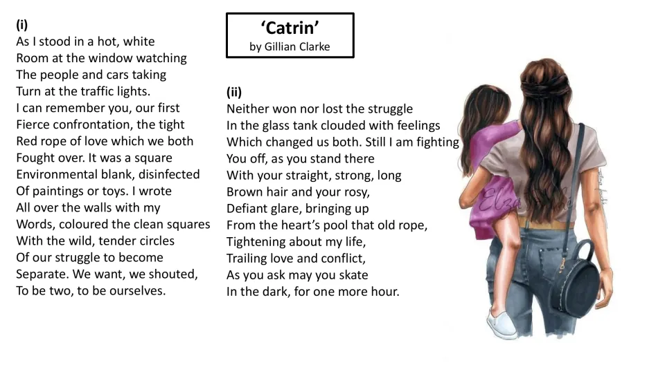 Poem text slide presenting both stanzas, from memories of childbirth to a daughter’s request to skate