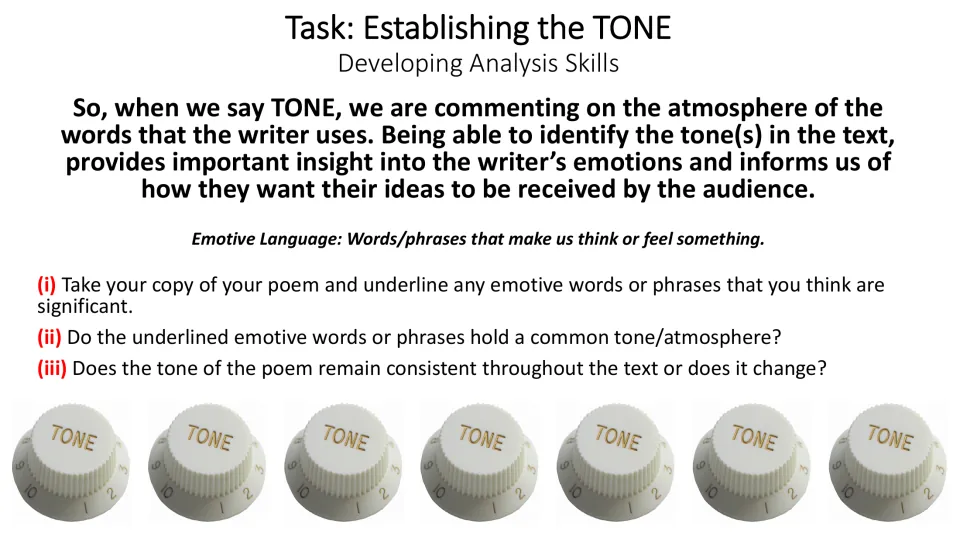 Tone analysis slide asking students to underline emotive language and consider whether the poem’s tone changes