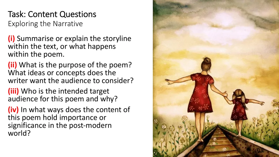 Content questions slide asking about the poem’s storyline, purpose, intended audience, and modern relevance