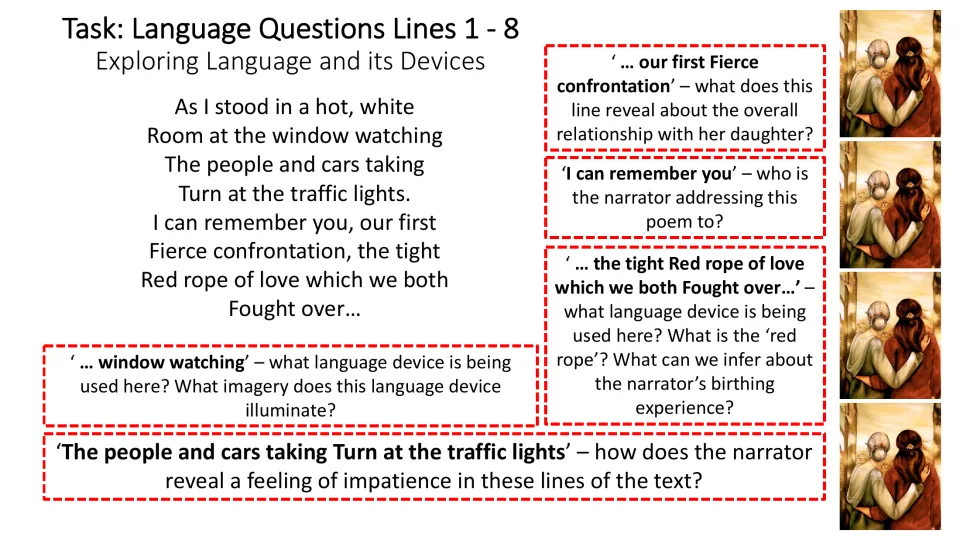 Language analysis slide for lines 1–8, questioning imagery, impatience, direct address, and the red rope metaphor