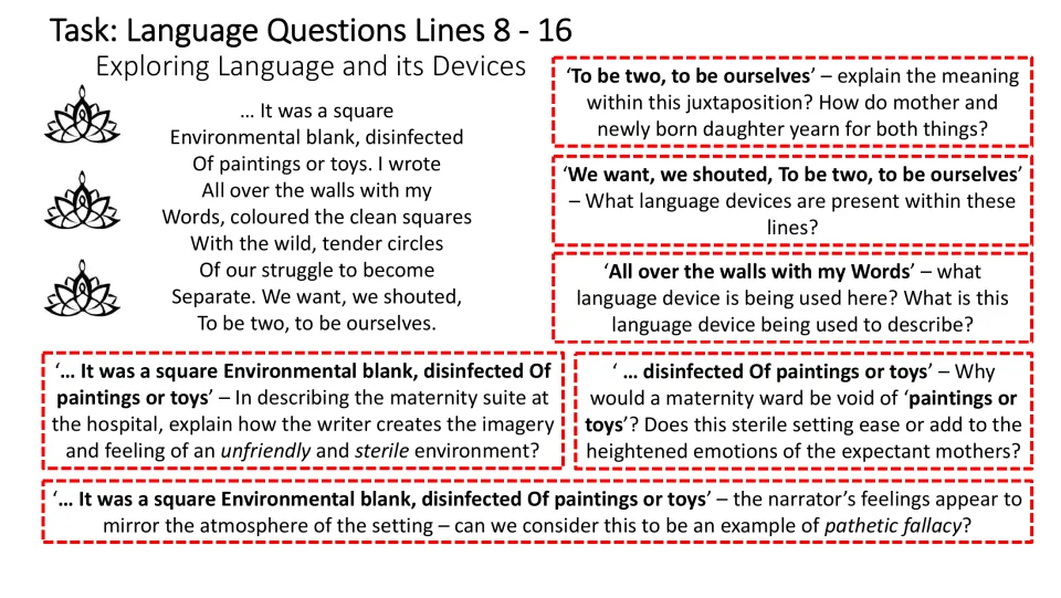 Language analysis slide for lines 8–16, exploring the sterile hospital, separation, and pathetic fallacy