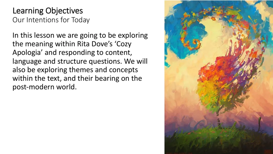 Lesson objectives introduce meaning, content, language, structure, and themes in the postmodern world