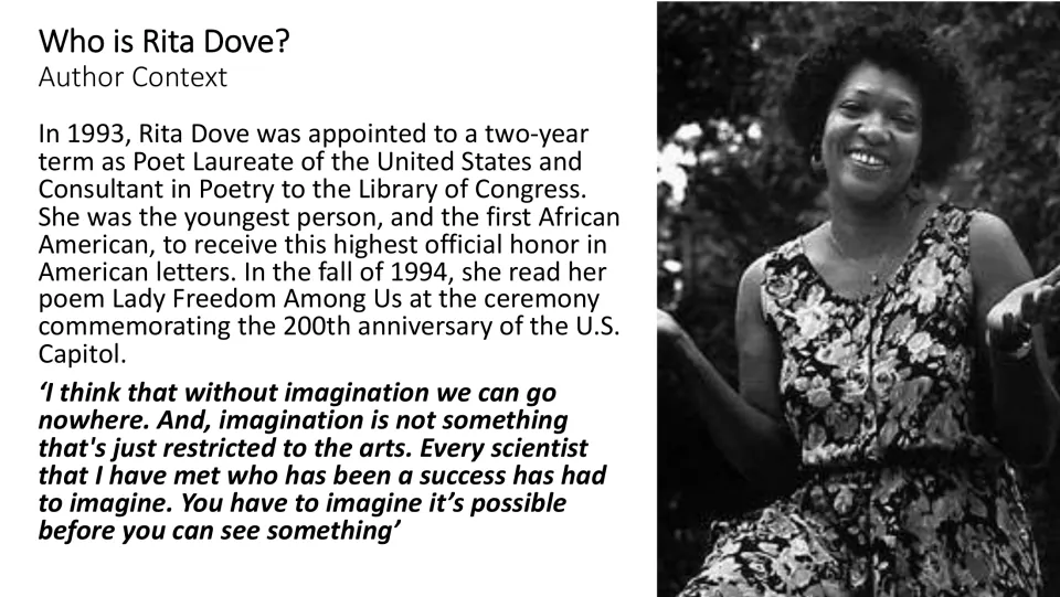 Author context slide presents Rita Dove’s 1993 poet laureate appointment and a quotation on imagination