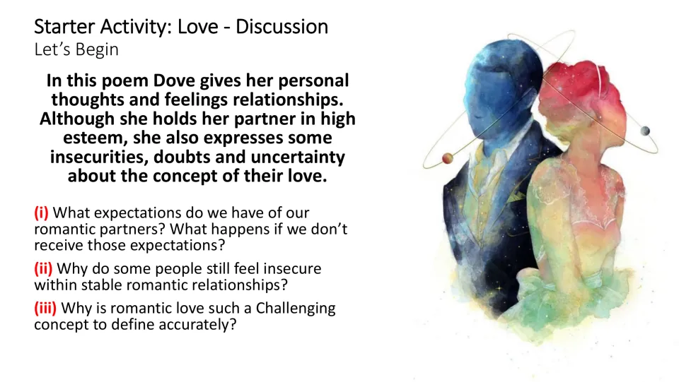 Starter discussion asks about romantic expectations, insecurity in stable relationships, and defining love