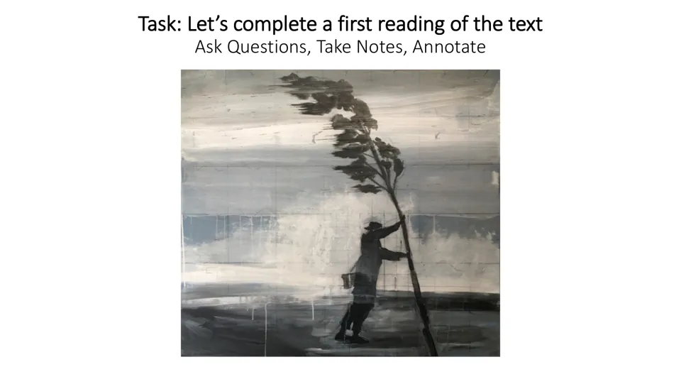 First-reading task slide directs students to ask questions, take notes, and annotate the poem as they read