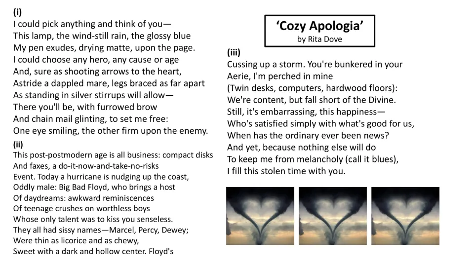 Poem reading slide presents all three stanzas, moving from everyday objects to Hurricane Floyd and happiness