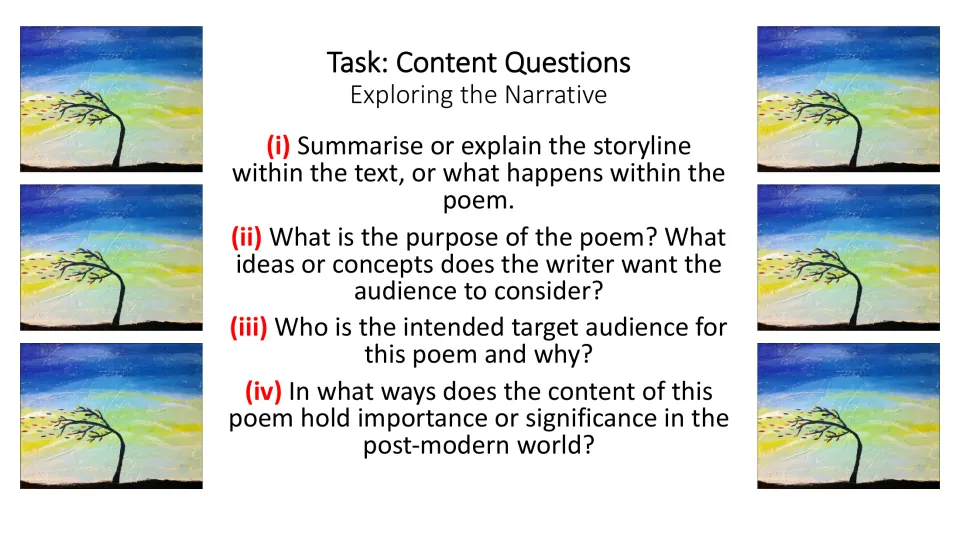 Content analysis slide asks four questions about the poem’s storyline, purpose, audience, and modern relevance