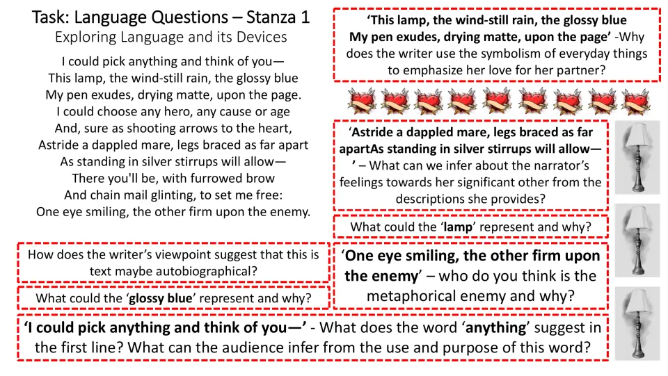Stanza 1 language questions explore everyday objects, the lamp, glossy blue, heroic imagery, and the enemy