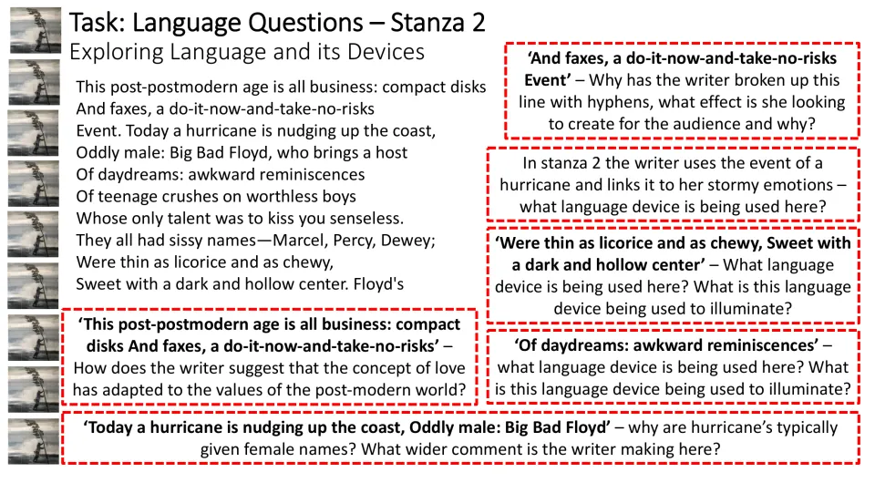 Stanza 2 language questions examine hyphens, hurricane imagery, teenage crushes, and postmodern views of love