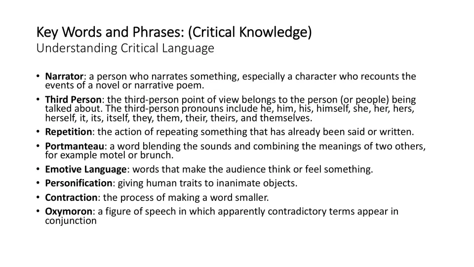 Poetry glossary slide defines narrator, third person, repetition, portmanteau, and four more critical terms.