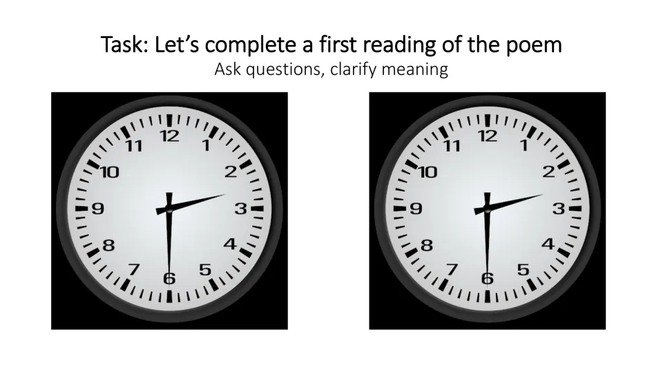 First-reading task slide directs students to read the poem, ask questions, and clarify its meaning together.