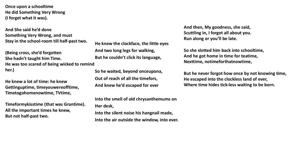 Full poem text follows a child kept in the schoolroom who cannot read clock time and experiences timelessness.