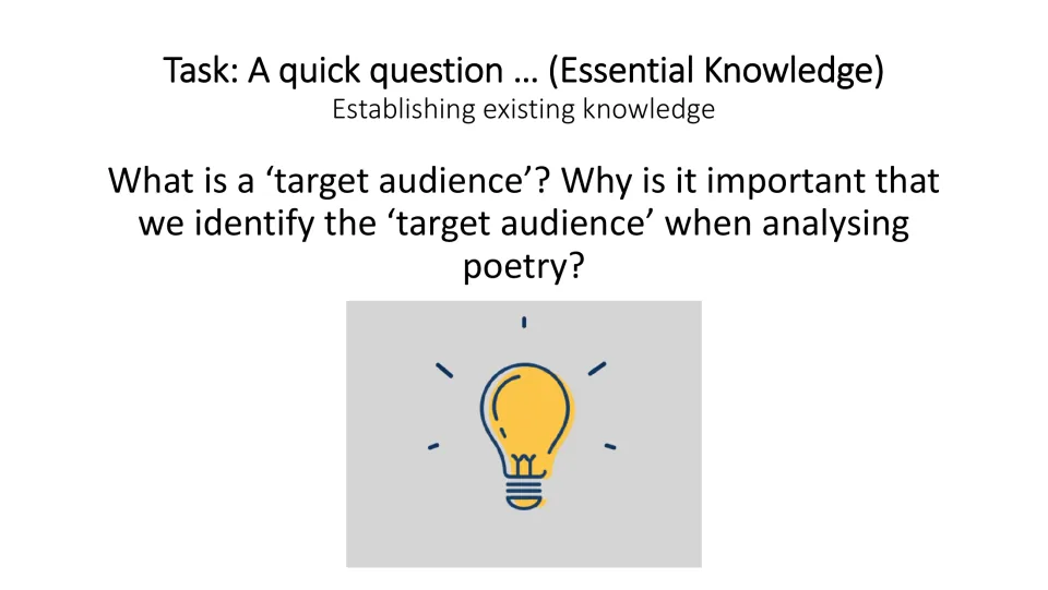 Prior-knowledge question slide asks what a target audience is and why identifying one matters in poetry analysis.