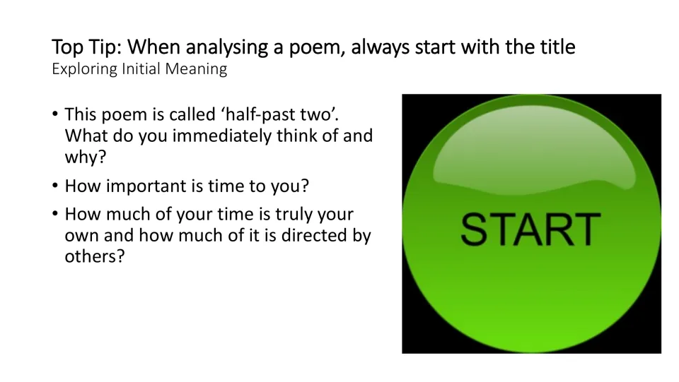 Title exploration slide asks about initial associations, the importance of time, and who directs students' time.