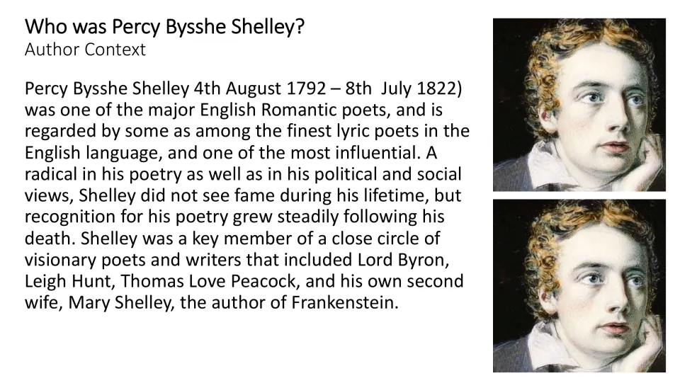 Author context slide outlines Shelley's life, Romantic poetry, radical views, and circle of writers.