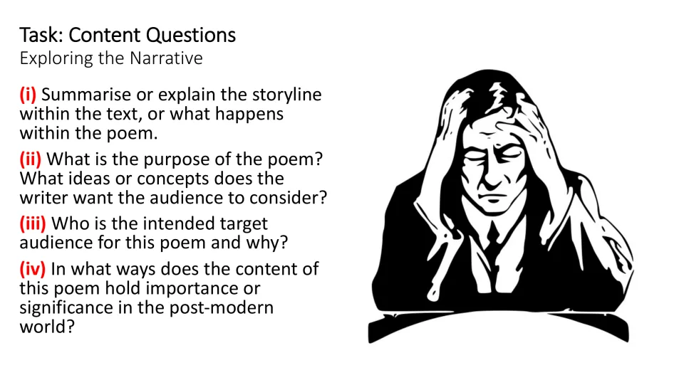 Content analysis slide asks about the poem's storyline, purpose, intended audience, and relevance today.