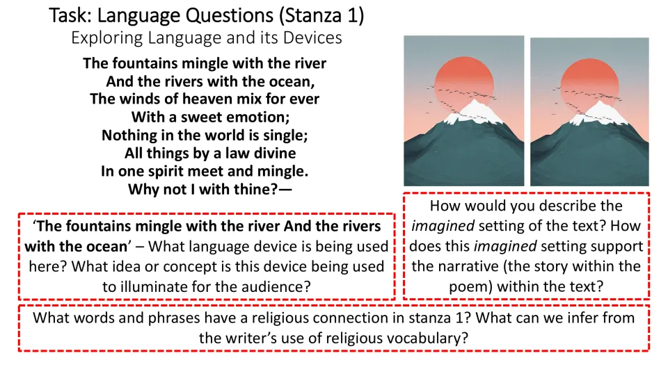 Stanza 1 language task asks about fountains and rivers, the imagined setting, and religious vocabulary.