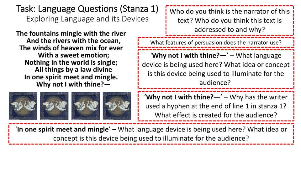 Further stanza 1 questions examine speaker, audience, persuasion, the closing question, and 'meet and mingle'.