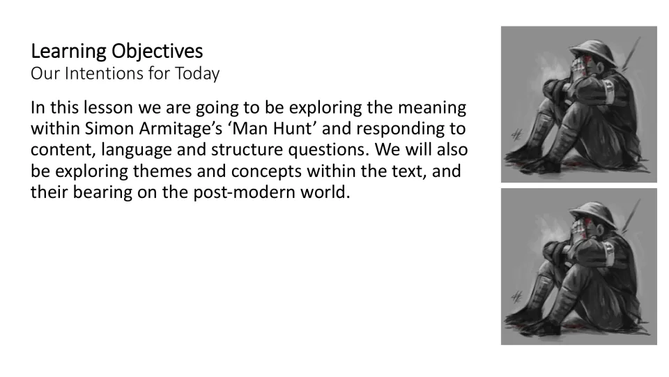 Learning objectives slide introducing the poem’s meaning, content, language, structure, themes, and concepts