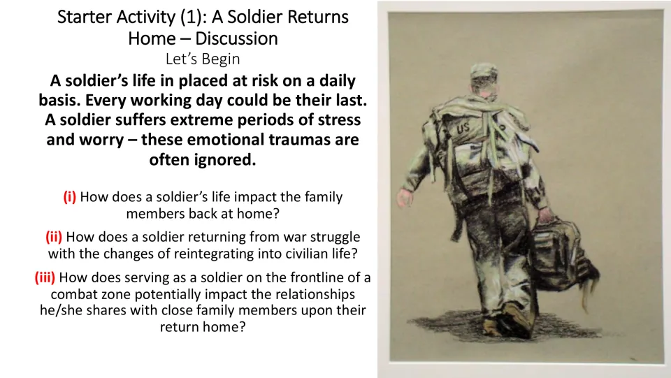 First starter discussion asks how military service affects families, civilian adjustment, and relationships