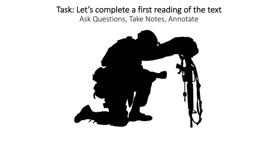 First reading task slide directs students to read the poem, ask questions, take notes, and annotate the text
