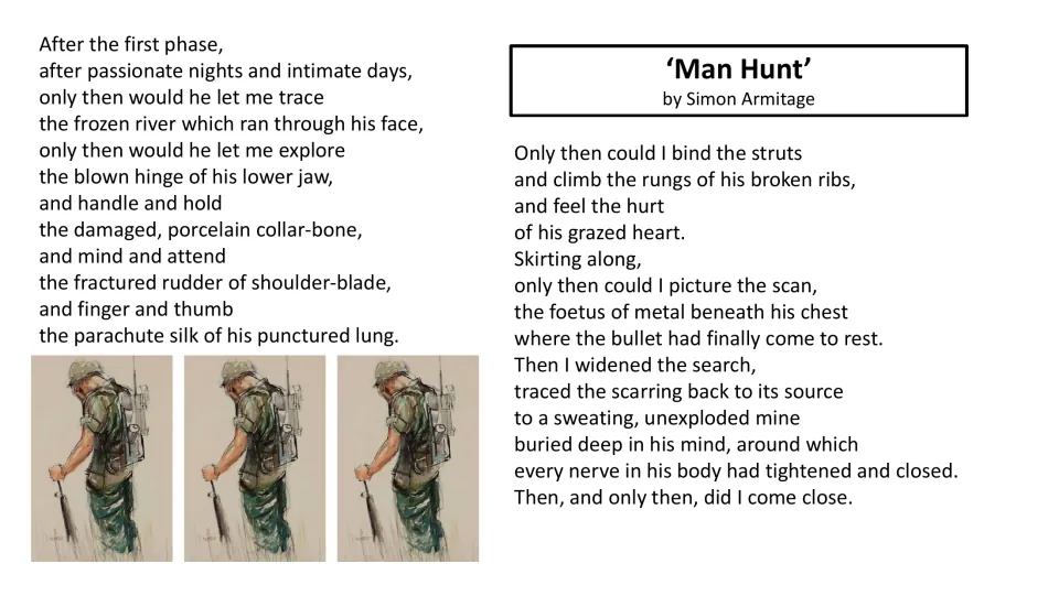 Poem text for the reading task follows a speaker exploring a soldier’s physical wounds and inner trauma