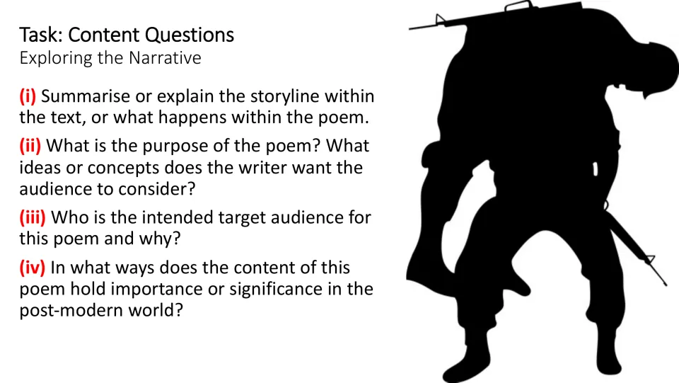 Four content questions ask about the poem’s storyline, purpose, intended audience, and relevance to modern life