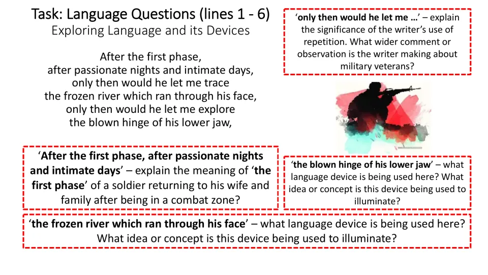 Language questions on lines 1–6 examine the first phase, repeated permission, frozen river, and blown hinge