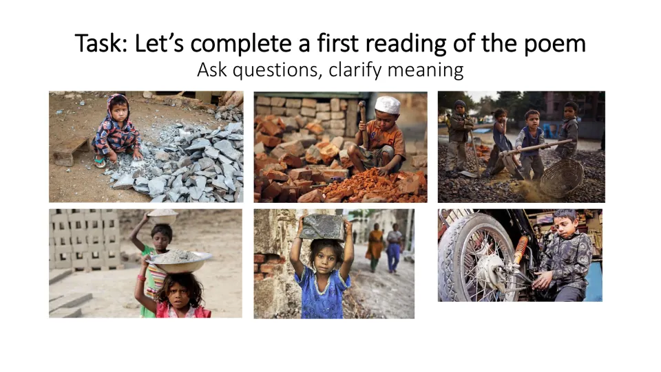 First-reading task asking students to read the poem, ask questions, and clarify meaning, with child labor photos