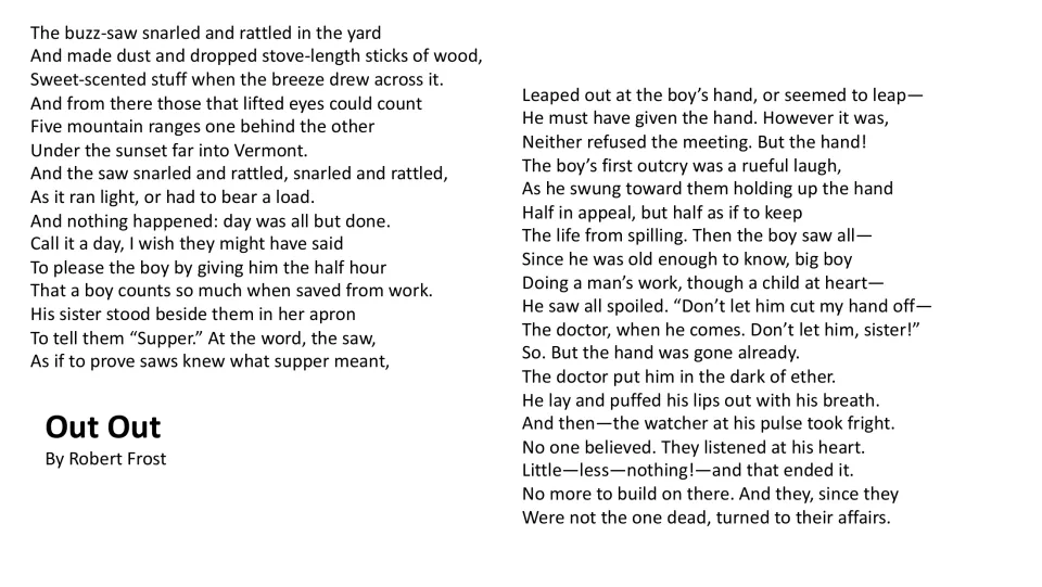 Poem reading slide presenting Frost’s full text about a boy’s fatal saw accident and the survivors’ response