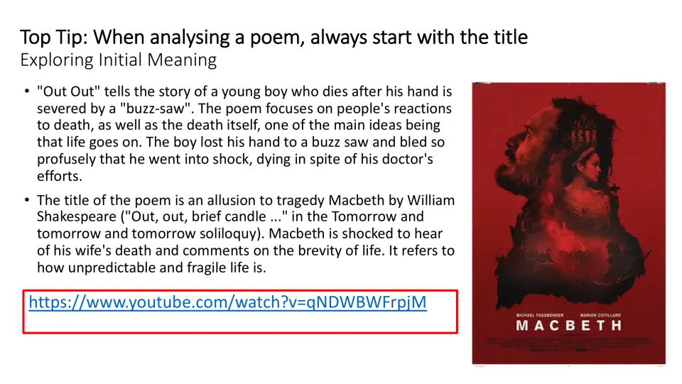 Title analysis slide summarizing the boy’s death and explaining the Macbeth allusion to life’s brevity